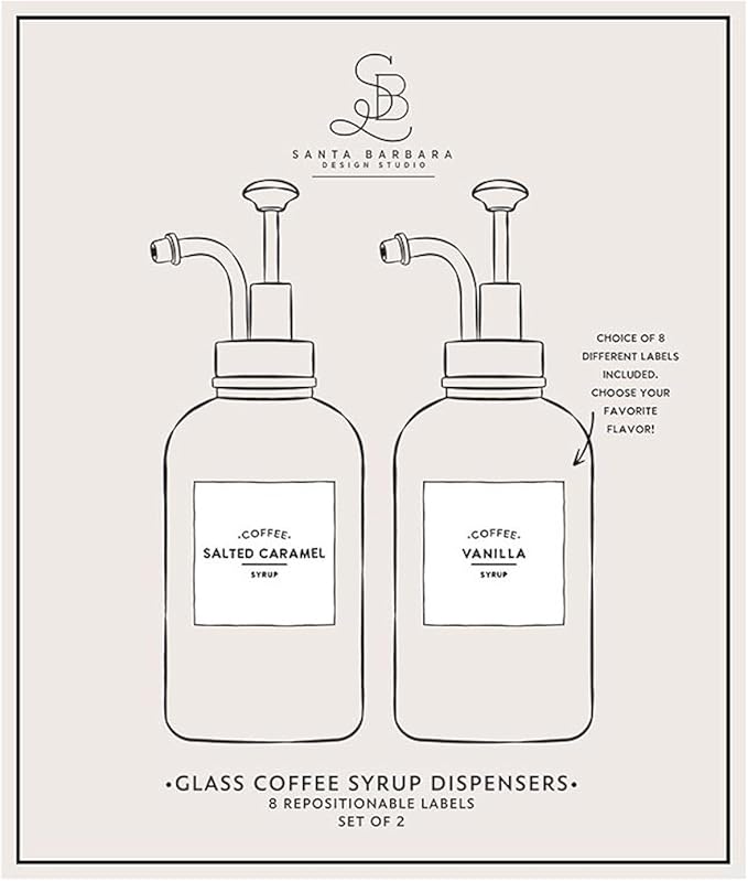 Santa Barbara Design Studio Coffee Bar Gifts Glass Syrup Dispensers, Set of 2, Clear Glass/Gold