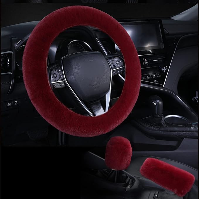1 Set 6 Pcs Fluffy Car Steering Wheel Cover & Seat Belt Shoulder Pads & Handbrake Cover & Gear Shift Cover Set & Seat Belt Shoulder Pads Faux Wool Universal Fit Car Interior Accessories (Wine Red)