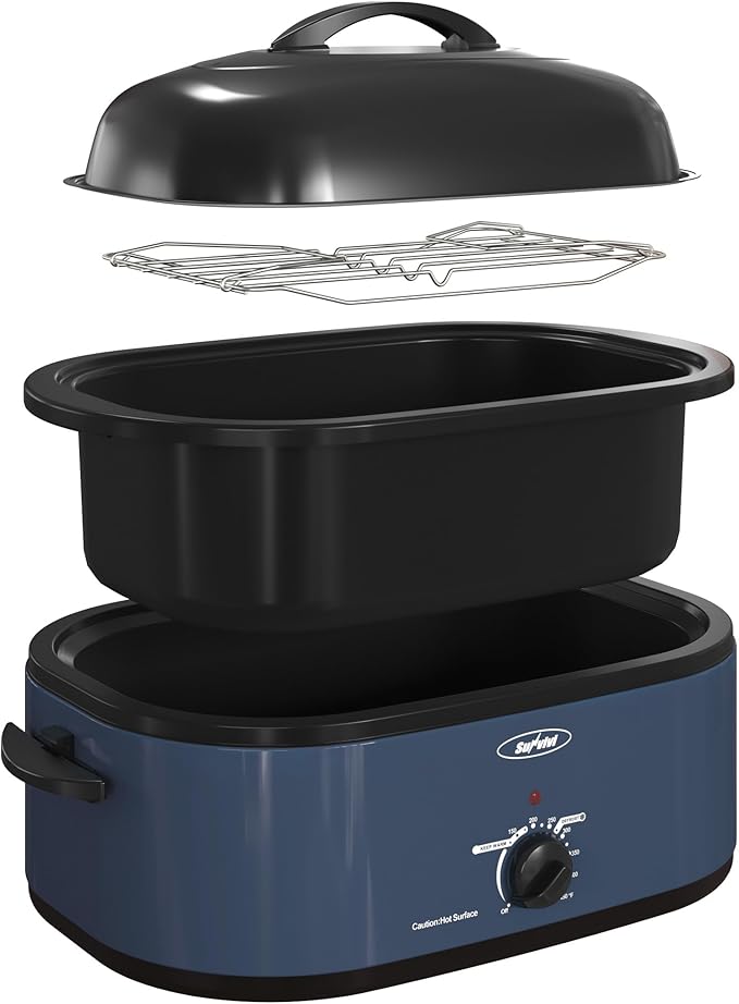 Sunvivi Electric Roaster, 18 Quart Roasting Oven with Self-Basting Lid Removable Pan, Turkey Roaster Oven with 150 to 450F Temperature Control Cool-Touch Handles, Blue