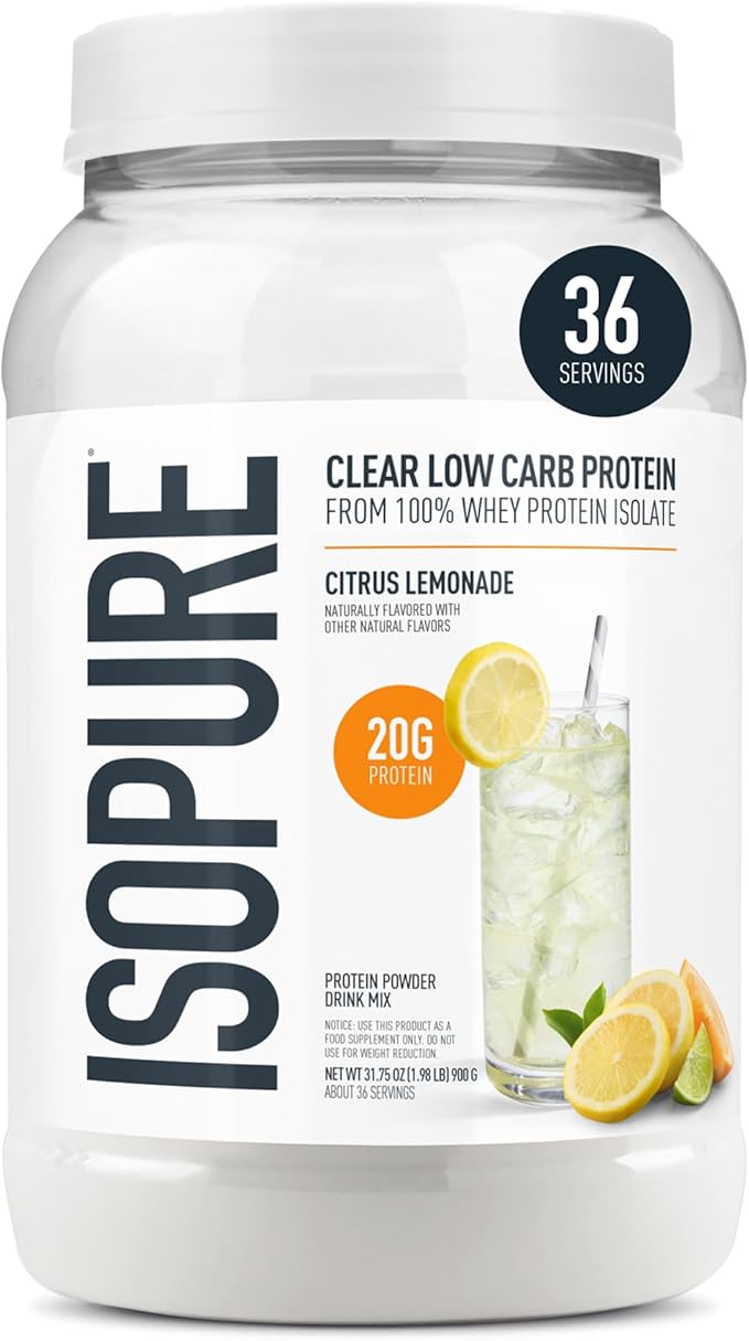 Isopure Clear Whey Isolate Protein Powder, Lactose Free, Gluten Free, Naturally Flavored, Citrus Lemonade, 20g Protein Per Serving, 1.9 Lb, 36 Servings (Packaging May Vary)