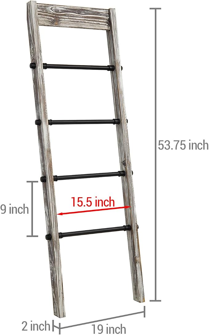 MyGift Blanket Ladder Wooden, Blanket Quilt Holder Rack Decorative Ladder with Metal Pipe Rungs, Easy Assembly, Rustic Farmhouse Ladder Shelf for The Living Room Bedroom Bathroom