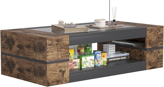 HedoAjim 47.2" Modern Stylish Coffee Table with Glass Table Top, Large Living Room Table Rectangular 2-Tier Center Tables with Storage, Wood Cocktail Tea Tables for Dining Reception Room (Rustic)