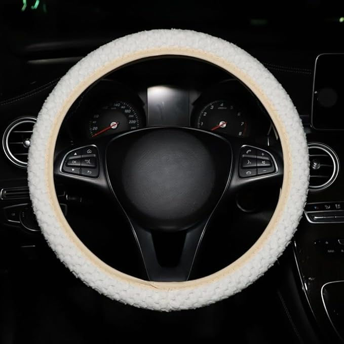 15 Inch Soft Dot Plush Steering Wheel Cover Anti-Slip Comfortable Winter Grip Universal Fit for Most Car Truck Vehicle SUV (Beige)
