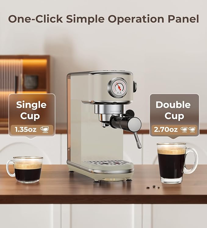 20 Bar Espresso Machine with Milk Frother, Compact Espresso Maker, Stainless Steel Coffee Machine with Precise Temp Control & 44oz Removable Water Tank for Latte, Cappuccino, Light Grey