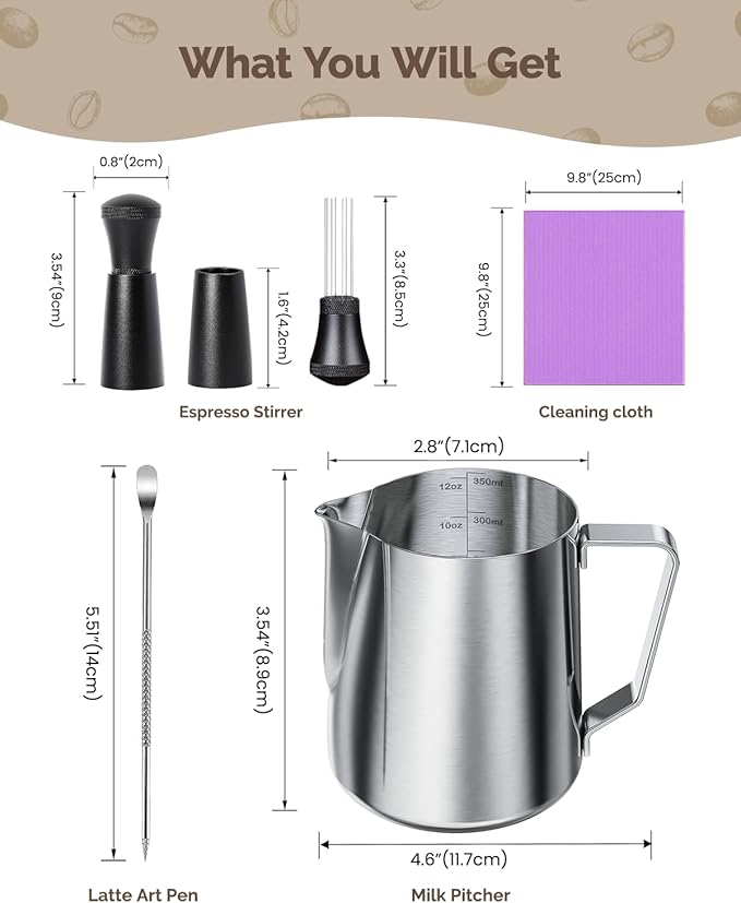Maestri House 4-Piece Barista Espresso Accessories Kit – WDT Distribution Tool, 12oz Milk Frothing Pitcher with Latte Art Pen, Steam Wand Cleaning Towels, Home Coffee Barista Tool Set
