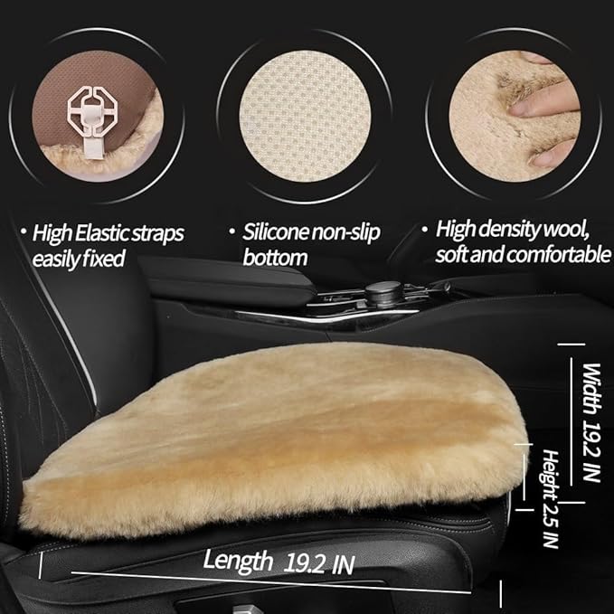 LLB Genuine Sheepskin Car Seat Cushion Seat Covers for Cars Trucks SUV Comfort Seat Protector Pad for Car Driver Seat Car Accessories for Women Office Chair Car Decor (Khaki, Front Seat Cushion-1 Pc)