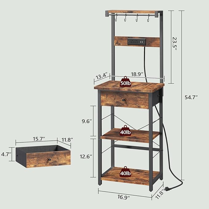 Bakers Rack with Drawer, Microwave Stand with Power Outlet, Coffee Bar Station with 4 Hooks, Kitchen Storage Shelf Rack 4 Tiers, for Kitchen, Dining Room, Rustic Brown and Black BRHR48E01