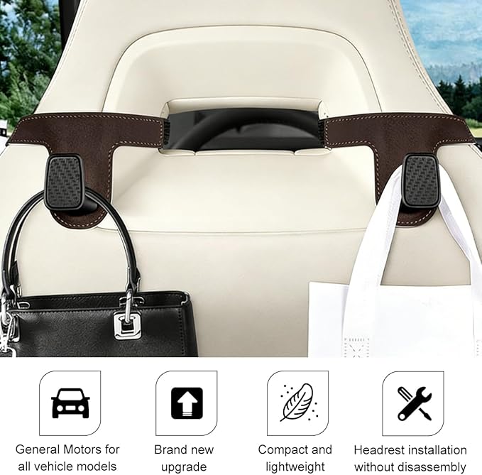 HZEL Car Seat Headrest Hook, 2PCS Vehicle Back Seat Hanger Holder Hook, Multipurpose Automotive Interior Headrest Storage Organizer for Purses Bags Coats, Universal for SUV Caravan Pickup (Brown)