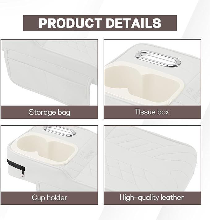 Car Center Console Armrest Pillow, 13.4"×7.5"×2" Leather Auto Arm Rest Cover with Pocket & Tissue Box & Cup Holder, Multifunctional Vehicle Armrest Cushion Pad, Car Accessories (White)