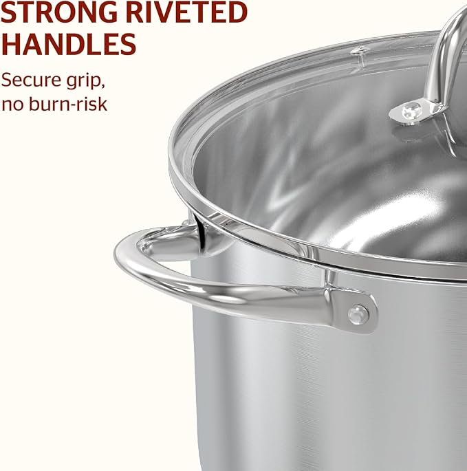 Sunhouse Stock Pot with Lid - 7 QT Large Pot for Cooking Pasta, Soup, Spaghetti - Impact Bonding Base Big Stainless Steel Pots for Canning, Boiling - Oven Safe & Induction Compatible Cookware