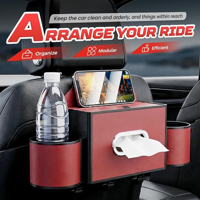 3-in-1 Car Backseat Organizer with Cup Holder, Tissue Box, Trash Bin & Hooks,Multifunctional Back Seat Car Organizer for Hold Phones,Snacks,Drinks,and Handbags (A-Orange)