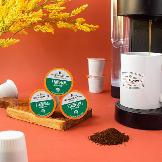 Fresh Roasted Coffee, Organic Ethiopian Sidamo Natural | USDA Organic, 100% Single Origin, Kosher | Light Roast 24 Pods for K Cup Brewers