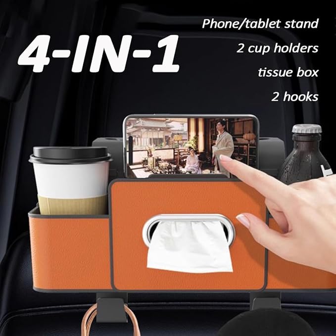 Upgraded Car Organizers and Storage Box, 1/2PCS Multifunctional Headrest Backseat Organizer with 2 Cup Holders, Tissue Box and Hooks, Smart Over-Seat Car Organizer for Most Vehicles (Orange*2)