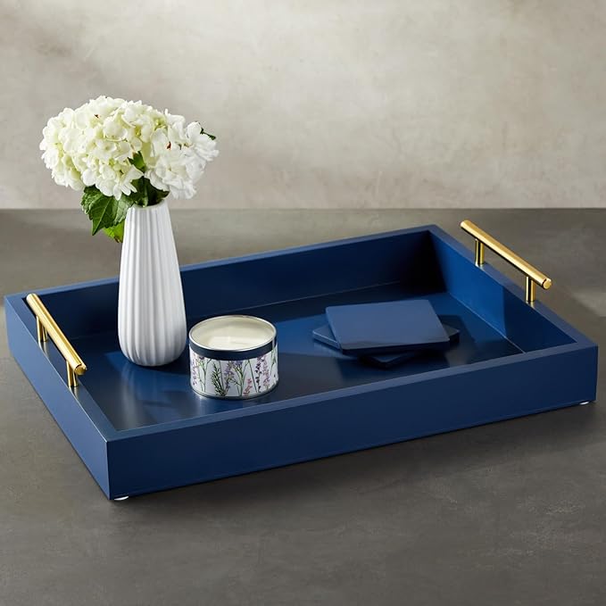 Juvale Coffee Table Tray - 15.7 x 11.8 x 3 in, Blue, Rustic Wood - Serving Tray with Interchangeable Gold & Silver Handles for Coffee Table Decor & Ottoman Use with 2 Coasters