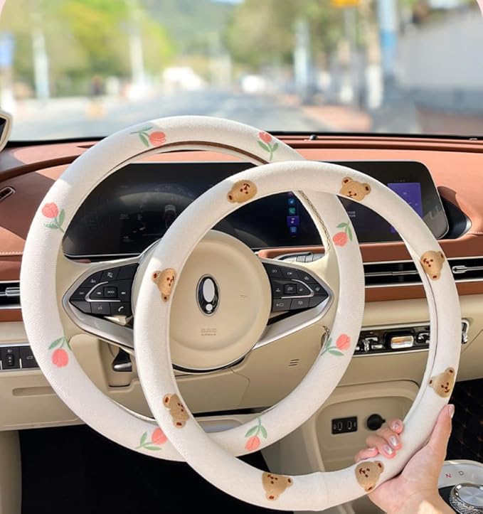 Wheel Cover Flax Microfiber Steering Wheel Covers for Women Fit 15 inch Car Cute Bow Tie Anti-Slip Breathable Absorbing Sweat Cover (Type-O-Tulip)