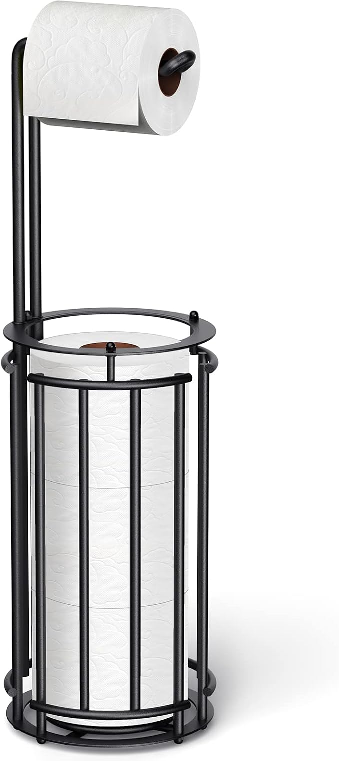 Meangood Toilet Paper Holder Stand and Tissue Paper Roll Dispenser for 4 Mega Rolls, Bathroom Free Standing Tissue Roll Storage Holder Rack, Detachable (Matte Black)