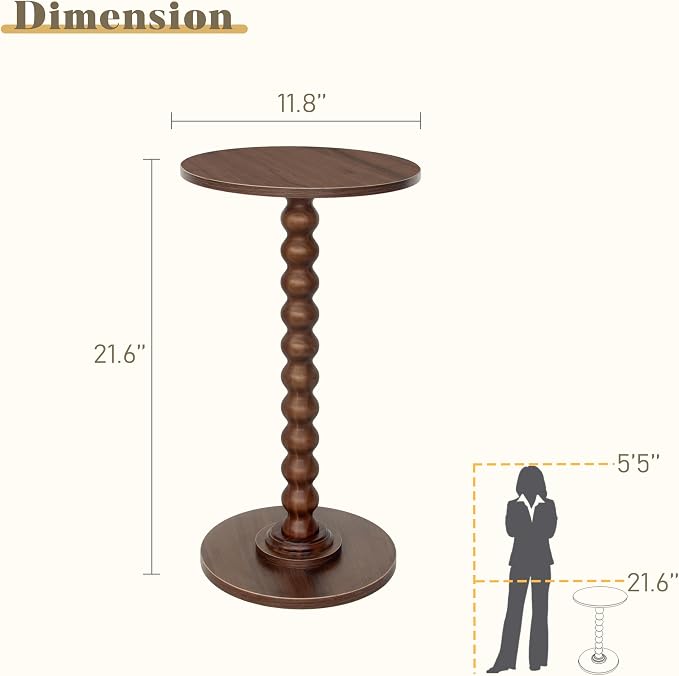 Fultyle Small Round Side Table, Walnut End Table for Small Spaces, Modern Drink Table Accent Table with Solid Wood Leg for Living Room, Bedroom, Corners, and Office (Walnut Brown)