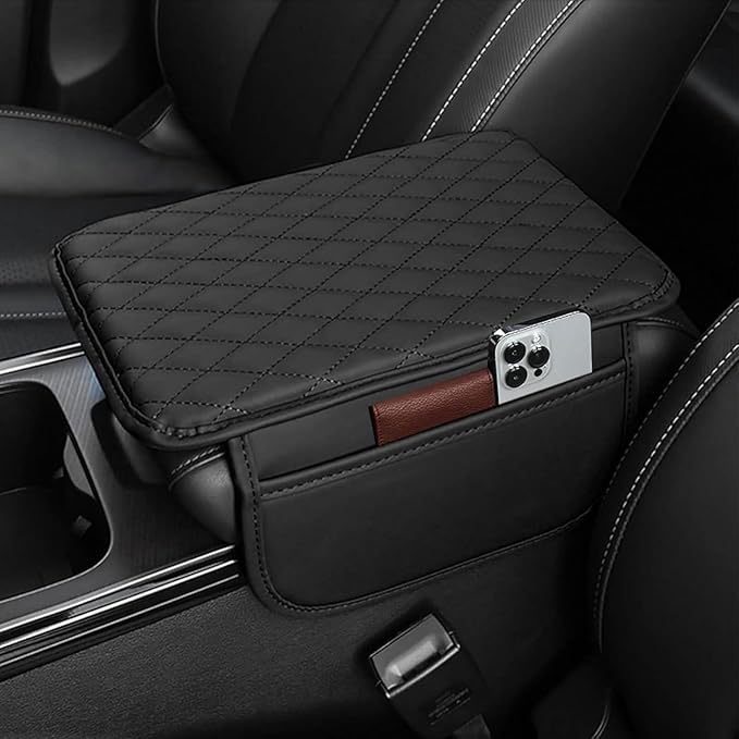 Car Armrest Cushion for BMW iX X1 X2 X3 X4 2004-2025, Center Console Covers Pad Leather Accessories, Arm Rest Protector Mat with Side Storage Bag for SUV/Sedan/Truck,A/Black
