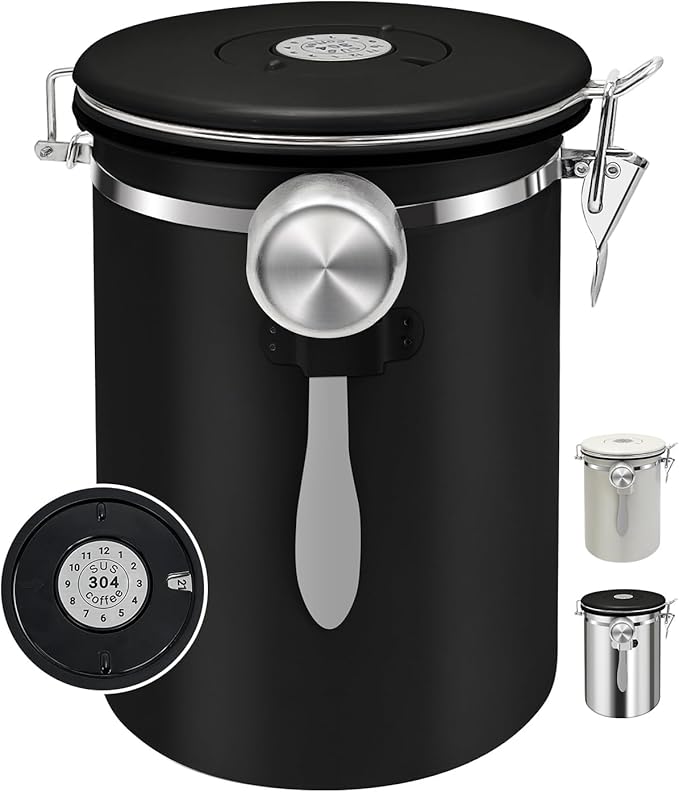 2.8L Airtight Vacuum Coffee Canister, Stainless Steel Storage Container for Coffee Beans and Grounds with Scoop.Suitable for coffee powder, coffee beans, rice, tea leaves, sugar, flour, and grains