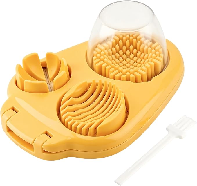 3 in 1 Boiled Egg Slicer, 3 Slice Modes Chopper Cutter with Brush, Manual Egg Slicer Steel Wire Dicer for Hard Boiled Eggs, Kitchen Gadget for Soft Fruit Butter, Labor Saving (Yellow)