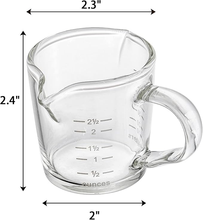 Hacaroa 4 Pack Double Spouts Measuring Cups Espresso Shot Glass with Handle, 2.5 Oz Mini Milk Triple Pitcher Barista Clear Graduated Cups for Coffee, Wine, Bar, Party