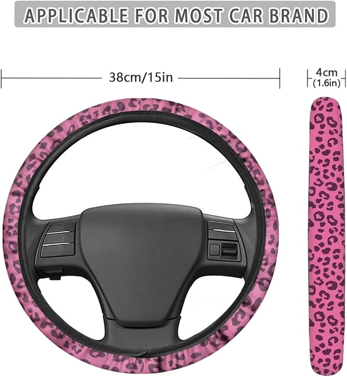 Universal Non-Slip Steering Wheel Cover, 15-inch Polyester Material Driving Accessories, Adjustable for Car and Truck(Rose Pink Leopard)