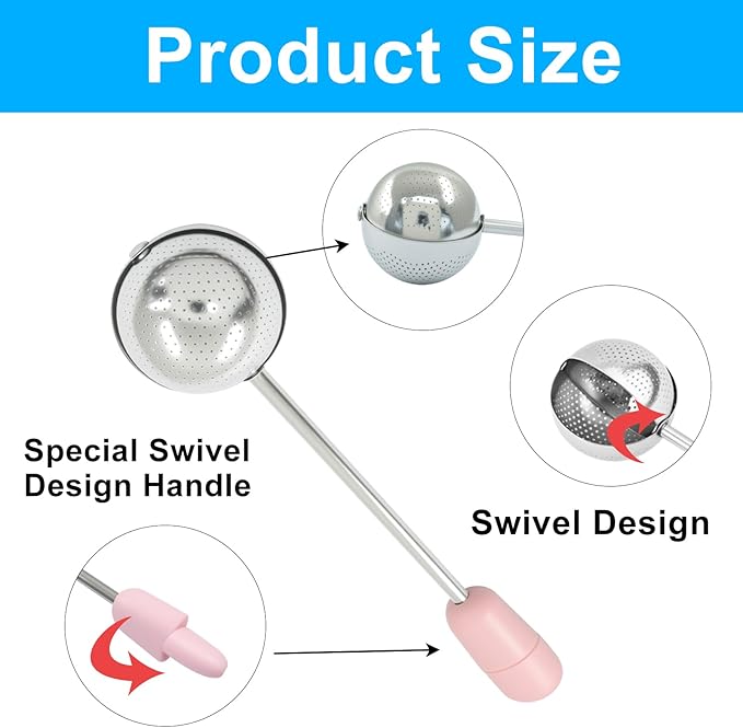 2Pcs Long Handle Tea Ball Stainless Steel Pink Metal Tea Ball Infuser for Loose Tea, Loose Leaf Tea Steeper for Cup, Natural Tea & Coffee