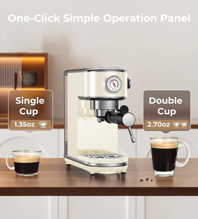 20 Bar Espresso Machine with Milk Frother, Compact Espresso Maker, Stainless Steel Coffee Machine with Precise Temp Control & 44oz Removable Water Tank for Latte, Cappuccino, Creamy White