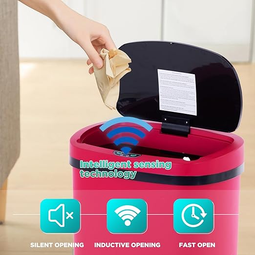 PayLessHere | 13 Gallon Plastic Trash Can | Red | Automatic Touchless Lid with Motion Sensor | Kitchen Garbage Can with Waterproof Design | for Home, Office, Bathroom | Pack of 1