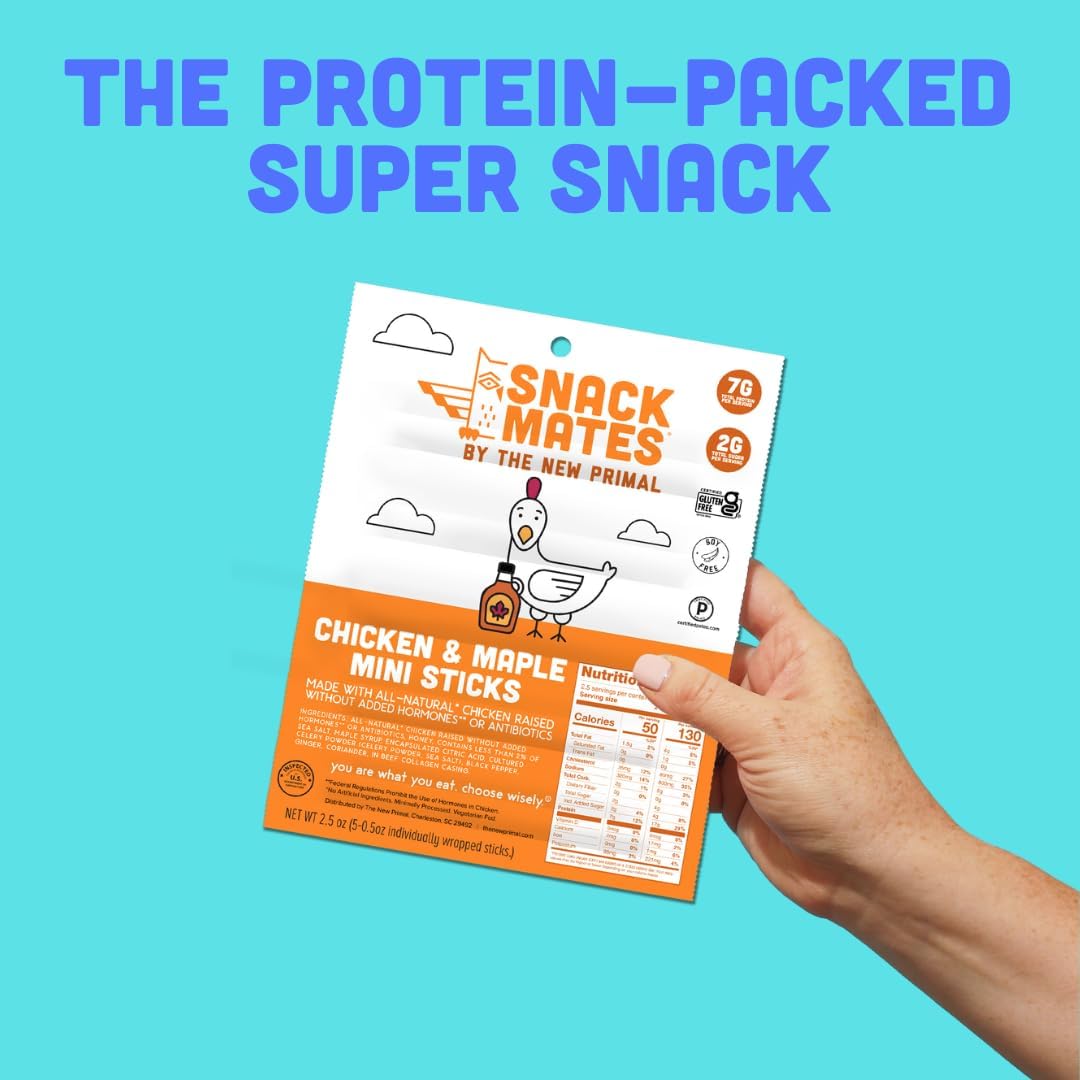 Snack Mates by The New Primal, Chicken & Maple Stick, All-Natural Chicken, High Protein and Low Sugar Kids Snack, Certified Paleo, Certified Gluten-Free, Lunchbox Friendly, 0.5 oz, Pack of 5