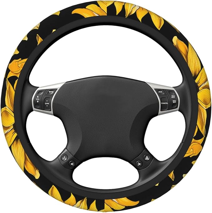 Steering Wheel Cover Polyester Thick Non-Slip Car Steering Wheel Cover Protector Universal 15 Inch, Yellow Sunflower Theme