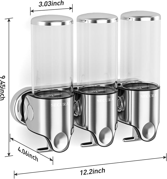 Secura Triple Wall Mounted Soap Dispenser, 3 x 17 fl oz Shampoo and Soap Dispensers Perfect for Home & Kitchen (Stainless Steel)