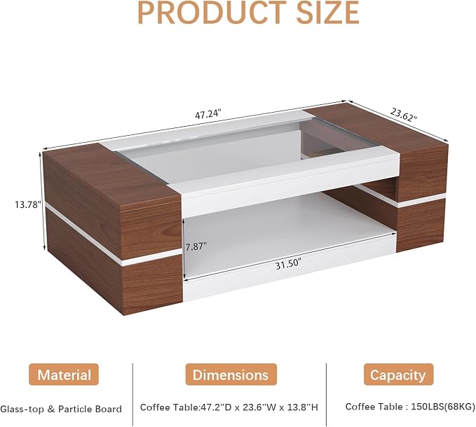 HedoAjim 47.2" Modern Stylish Coffee Table with Glass Table Top, Large Living Room Table Rectangular 2-Tier Center Tables with Storage, Wood Cocktail Tea Tables for Dining Reception Room White Walnut