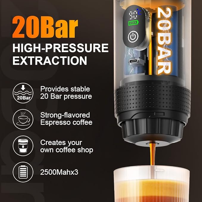 Portable Electric Espresso Machine–20Bar Self‑Heating travel coffee maker with 7500mA Battery (Midnight Black)
