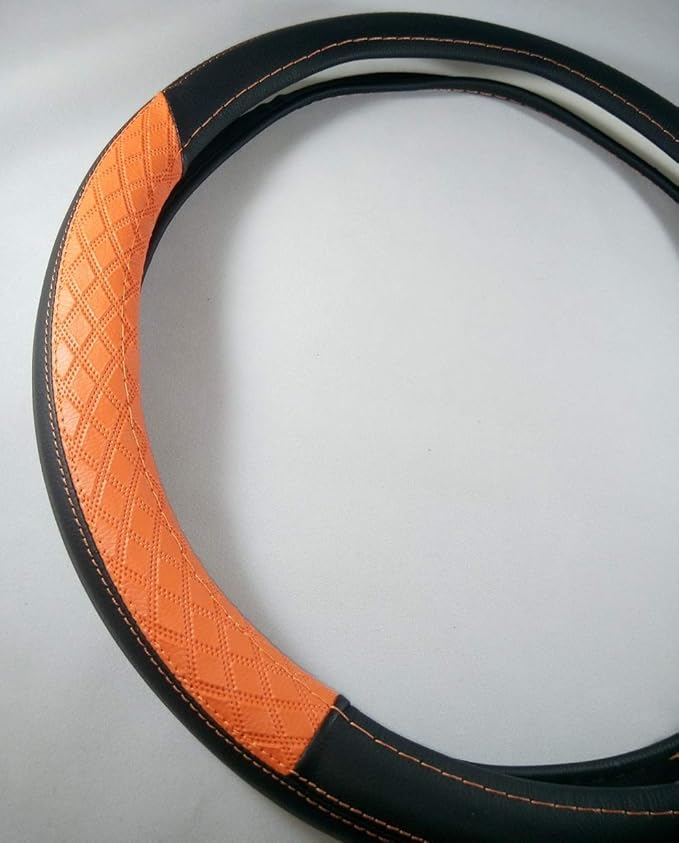 Jdragon Black & Orange PU Leather Great Comfort Slip-On Steering Wheel Cover 14.25-15" Diameter