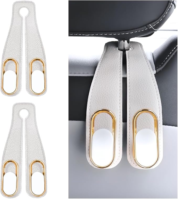 Car Seat Headrest Double Hook, 2PCS Multifunctional Soft Leather Vehicle Purses & Bags Holder, Hidden Design Automotive Interior Storage Hanger, Universal for SUV, Truck, RV (Beige)