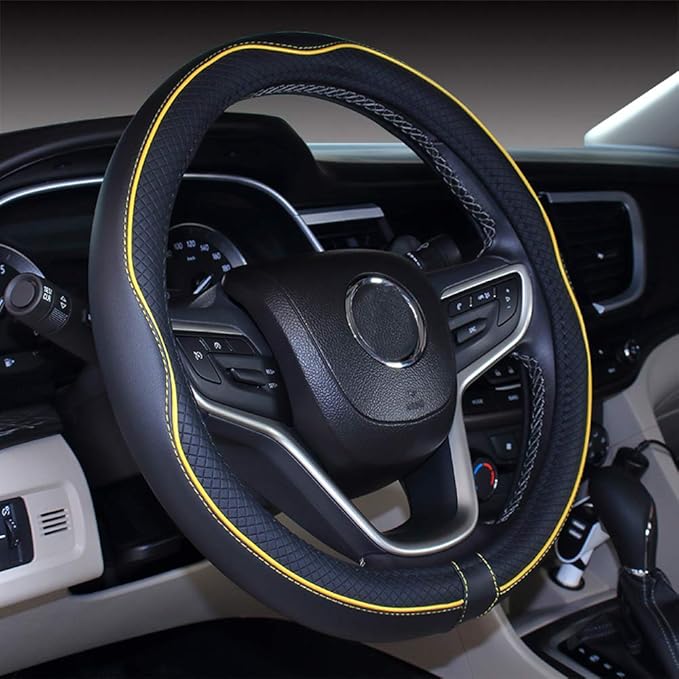 Mayco Bell Small Size Steering Wheel Cover Anti-Slip,Safety,Soft,Breathable,Durable,Full Surround,Comfortable Grip Microfiber Leather (14-14.25 inch, Black Yellow)