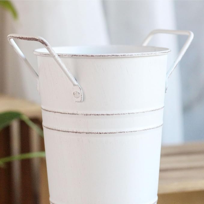 Metal Umbrella Stand Holder, Durable Freestanding Umbrella Rack Multi Functional Rustic Floral Bucket Floor Vase, Organizer for Entryway Porch Indoor Home Office (White)