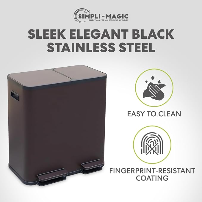 SIMPLI-Magic 18.5 Gallon (70L) Dual Compartment Kitchen Trash Can - Hands-Free Step Pedal, Soft-Close Lid, Stainless Steel Recycling Bin with Odor Filter (40L + 30L)