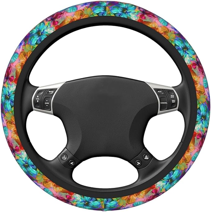 Blue Orange Flowers Steering Wheel Cover for Women Men Girls, Car Accessories Decor Thickened Anti-Slip Auto Steering Wheel Covers Protector Universal Fit 15 Inch for Cars, Truck, SUV