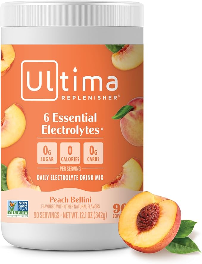 Ultima Replenisher Mocktini Electrolyte Powder Drink Mix – Sugar Free – Peach Bellini, 90 Servings – Hydration Powder with 6 Key Electrolytes and Trace Minerals – Keto Friendly, Non-GMO