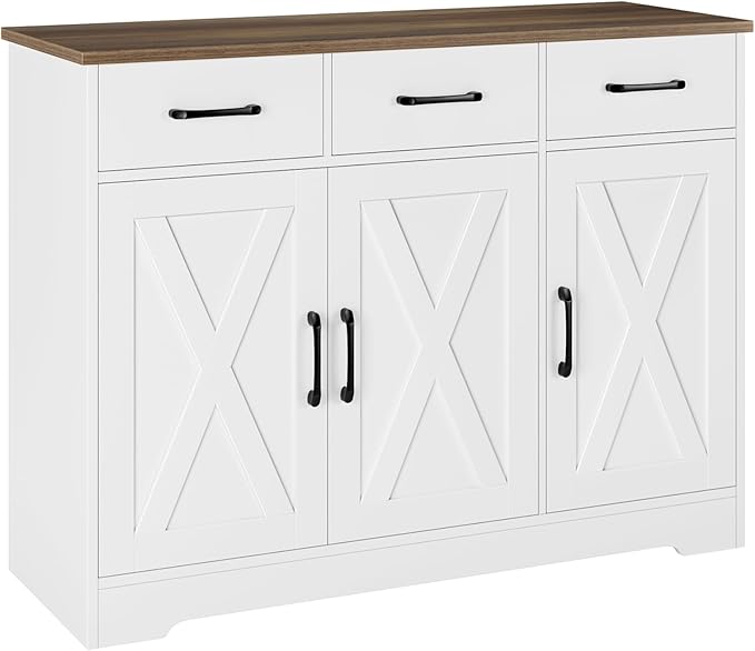 HOSTACK Modern Farmhouse Sideboard Buffet Cabinet, Barn Doors Buffet Storage Cabinet with Drawers and Shelves, Wood Coffee Bar with Storage for Kitchen, Dining Room, Living Room, White