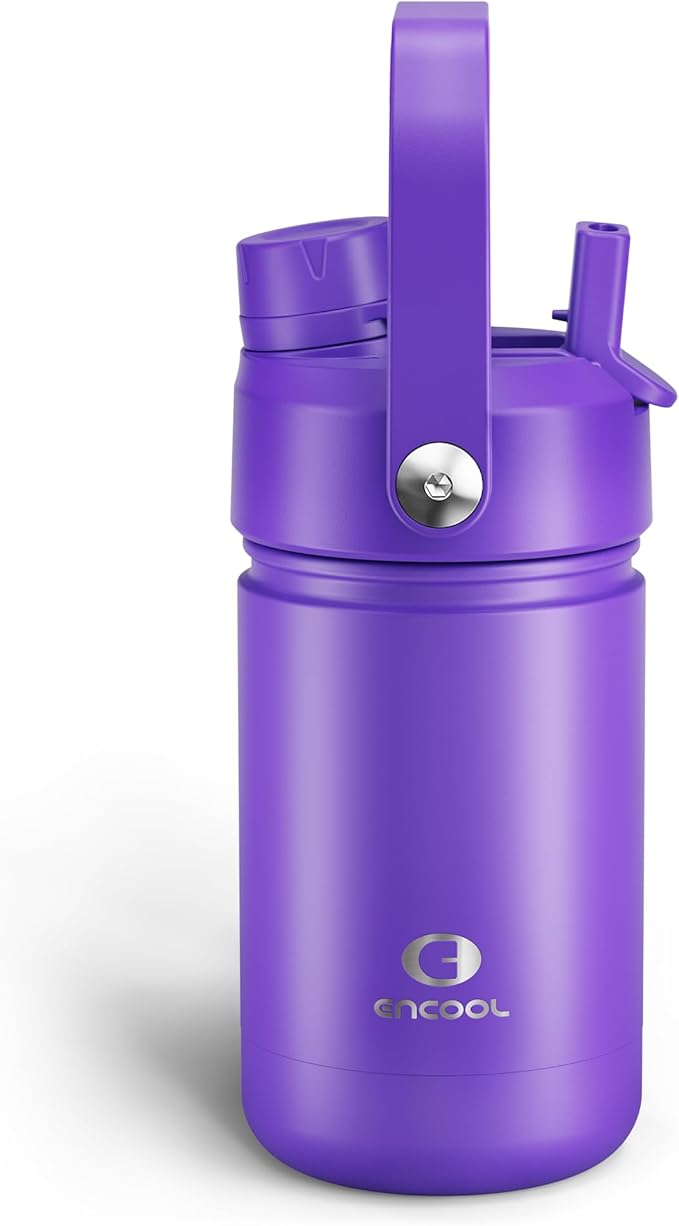 Kids Insulated Water Bottle with Straw - 12oz Stainless Steel Water Bottle with Dual Spouts, Leak-Proof, BPA-Free, Double Wall Vacuum Keeps Cold for 24 Hours for Sports, Travel, School (Violet)