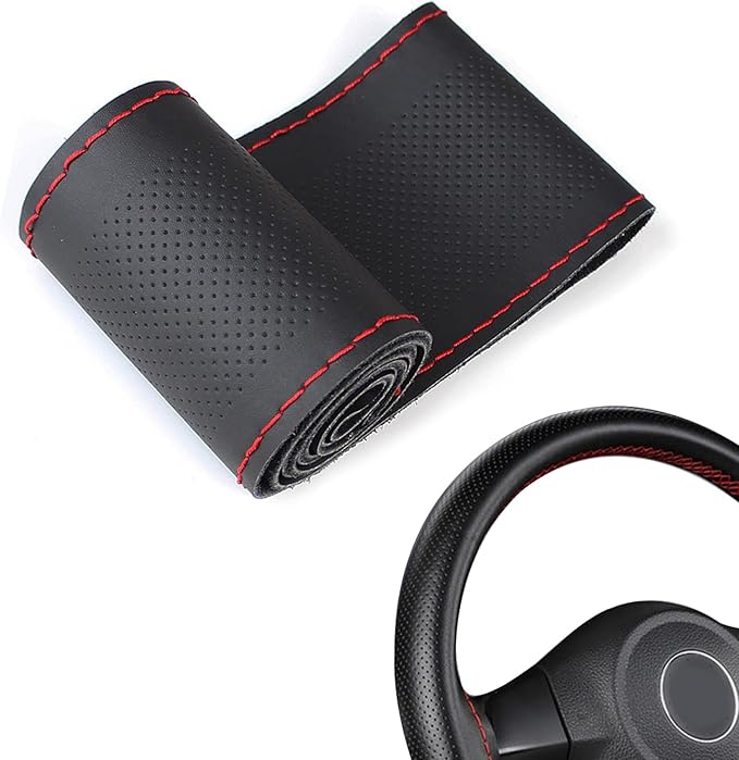 Comfortable Leather Steering Wheel Cover, Non Slip and Breathable, Suitable for 15 Inch Steering Wheel(Red)