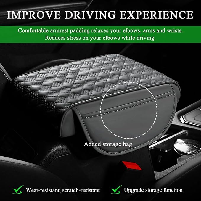 Car Armrest Cushion, 12.6"×8.7" Waterproof Leather Center Console Cover with Pocket, Auto Comfortable Memory Foam Middle Console Elbow Pillow Cushion Pad, Car Accessories (Gray)
