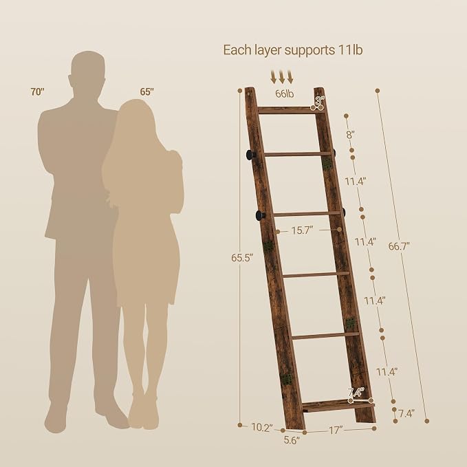 Hzuaneri Blanket Ladder for Living Room, Decorative Quilt Rack with 4 Removable Hooks, 6-Tier Blanket Ladder Shelf for Bedroom,Rustic Brown BR30601X