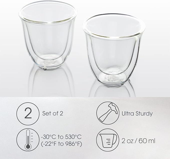Brod & Taylor Double-Wall Insulated Espresso Glass Cups (Set of 2, 2oz / 60ml)