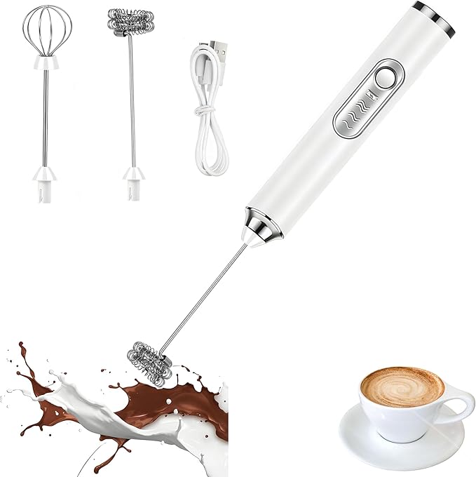 Handheld Milk Frother Wand 3-Speed,Electric Whisk Drink Mixer for Coffee,Milk,Cream,Lattes,Usb Charging with 2 Heads,Coffee Enthusiasts Gift-White