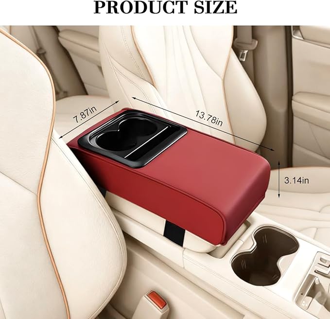 Car Center Console Armrest Pillow, Leather Vehicle Middle Console Protection Cushion with Cup & Phone Holder, Waterproof Automotive Arm Rest Box Cover Accessories, Universal Fit (Wine Red)