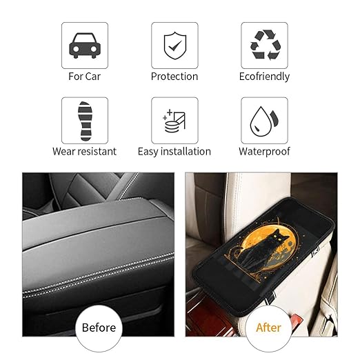 Black Cat Yellow Eyes Car Auto Armrest Cushion Cover Accessories Center Console Seat Box Pad Protector Universal Decoration for Most Vehicle SUV Truck